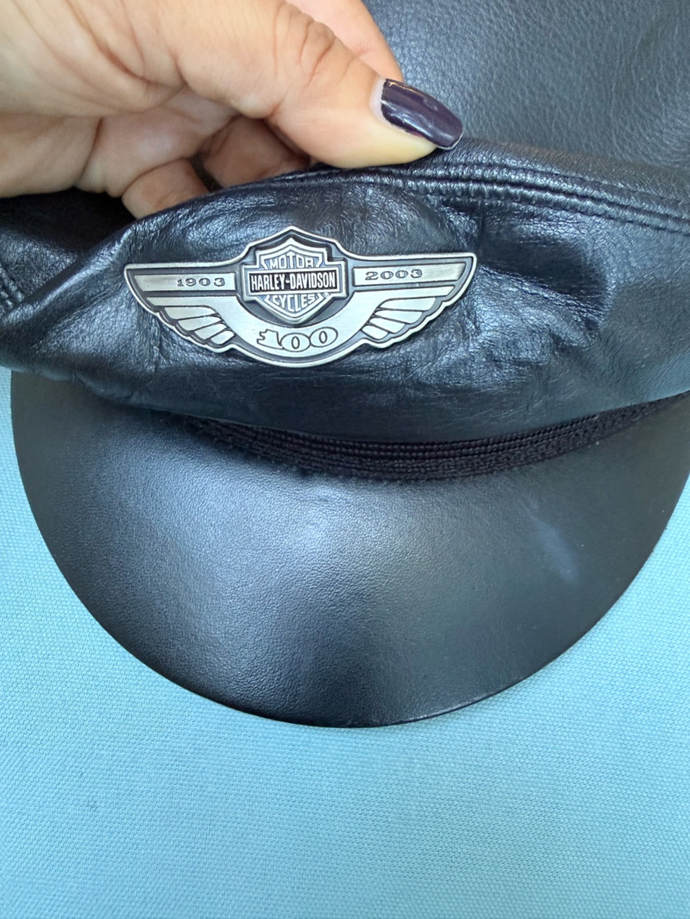 Harley-Davidson Black Leather Captain's Cap with Silver Wing Badge - Picture 3 of 6